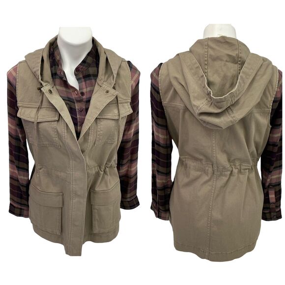 Workshop Republic Clothing Top Womens XS Plaid Hooded Pocket Jacket Vest Nature - Picture 8 of 13